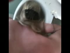 Masked blonde dips her head in the toilet bowl to taste poop